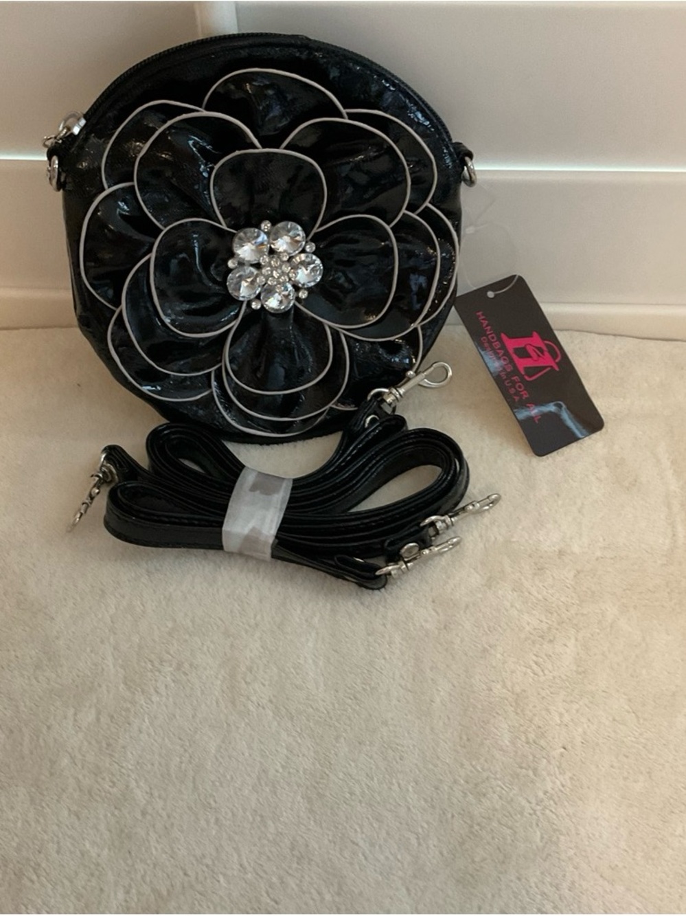 Black Floral Applique Crossbody Bag with Crystal Accent